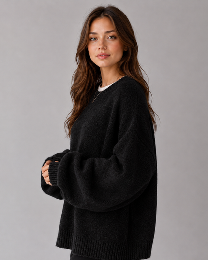 Women's Oversized Jumper with Balloon Sleeves and Crew Neck