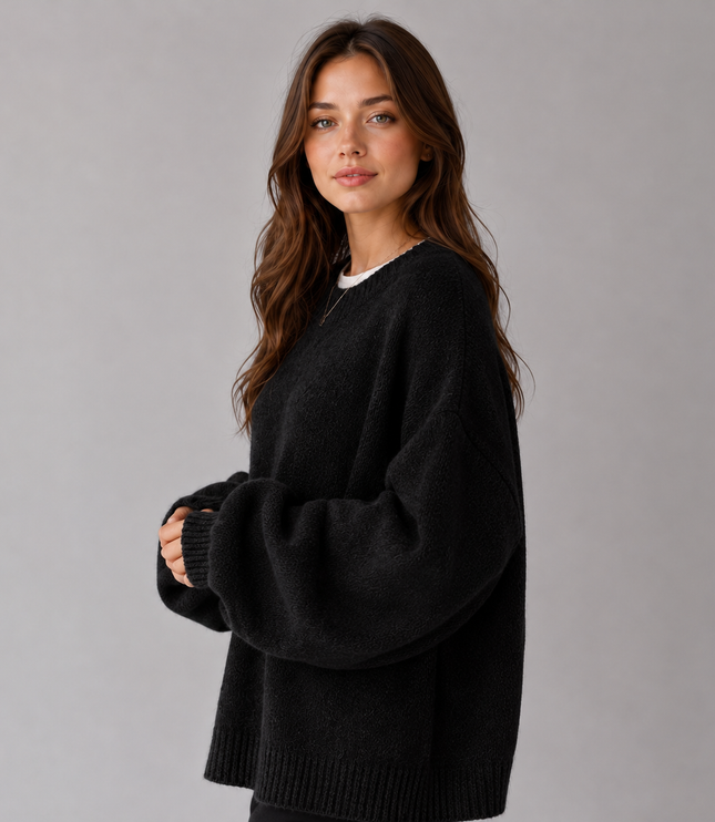 Women's Oversized Jumper with Balloon Sleeves and Crew Neck