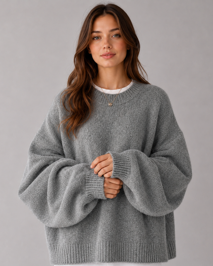 Women's Oversized Jumper with Balloon Sleeves and Crew Neck