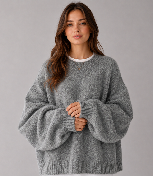 Women's Oversized Jumper with Balloon Sleeves and Crew Neck