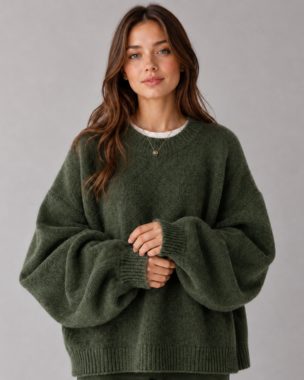 Women's Oversized Jumper with Balloon Sleeves and Crew Neck