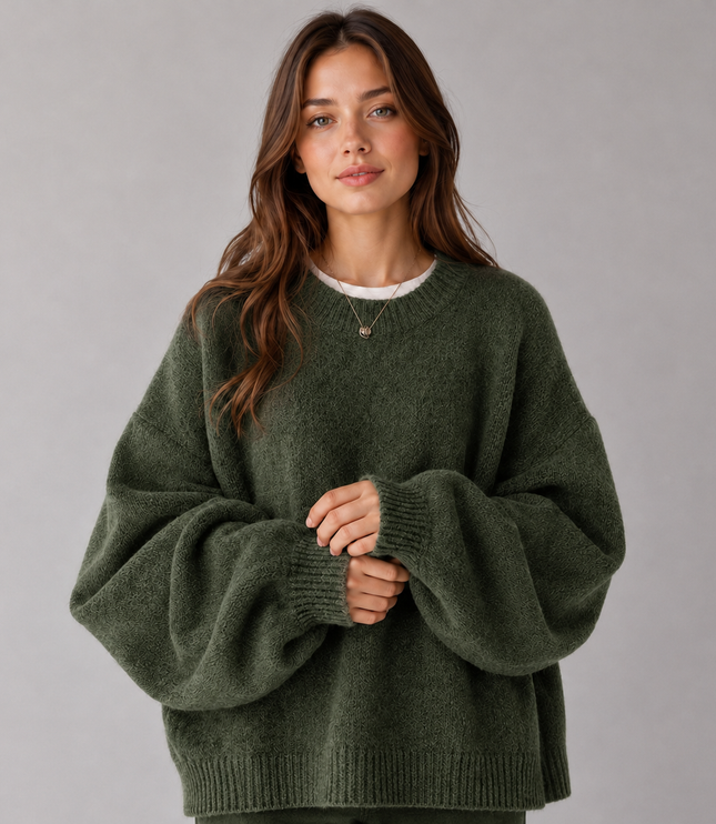 Women's Oversized Jumper with Balloon Sleeves and Crew Neck