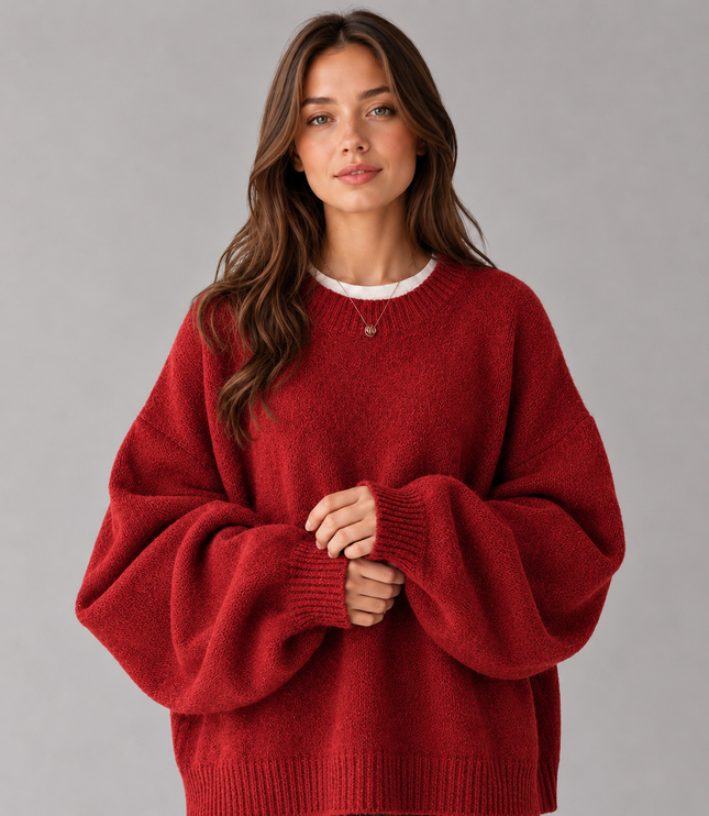 Women's Oversized Jumper with Balloon Sleeves and Crew Neck