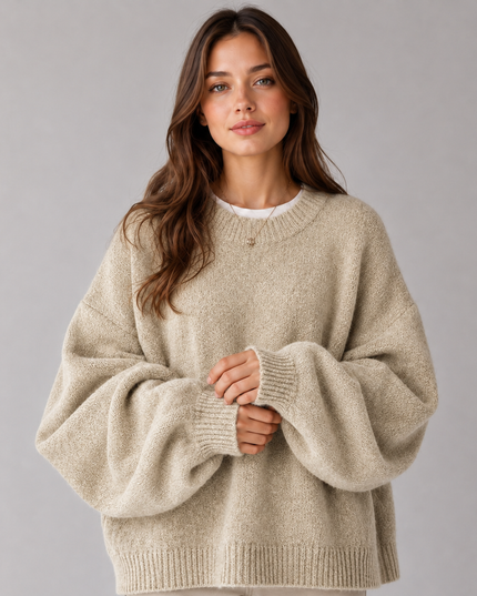 Women's Oversized Jumper with Balloon Sleeves and Crew Neck