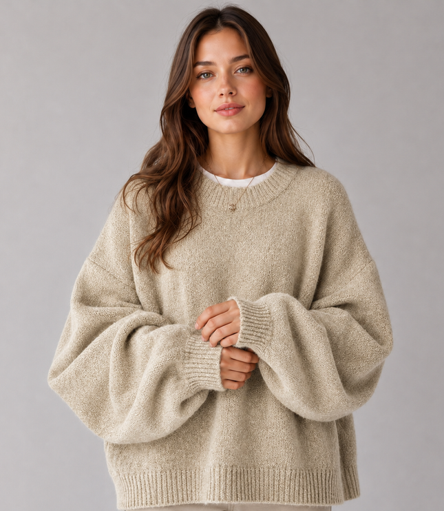 Women's Oversized Jumper with Balloon Sleeves and Crew Neck