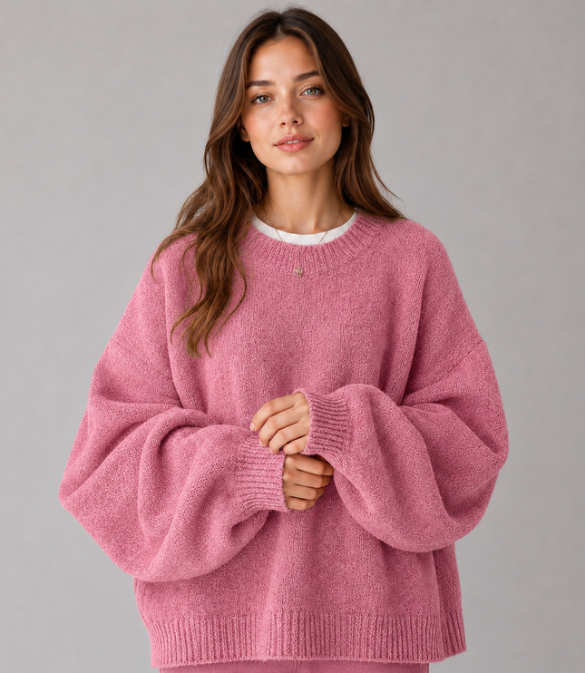 Women's Oversized Jumper with Balloon Sleeves and Crew Neck