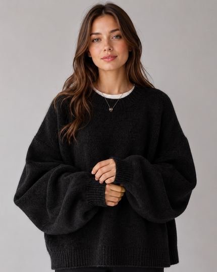 Women's Oversized Jumper with Balloon Sleeves and Crew Neck