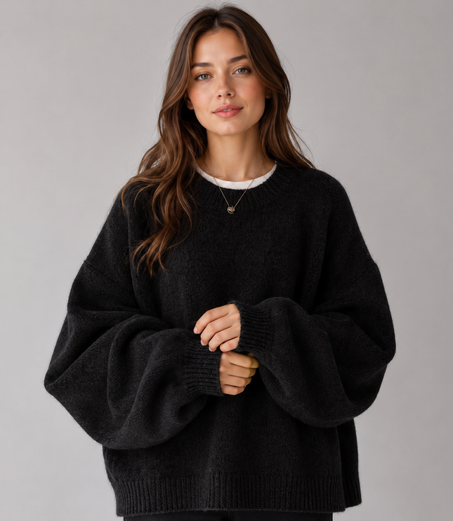 Women's Oversized Jumper with Balloon Sleeves and Crew Neck