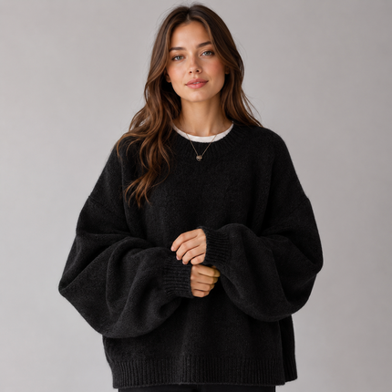 Women's Oversized Jumper with Balloon Sleeves and Crew Neck