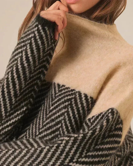 Women's Oversized Jumper with Herringbone Pattern and High Neck