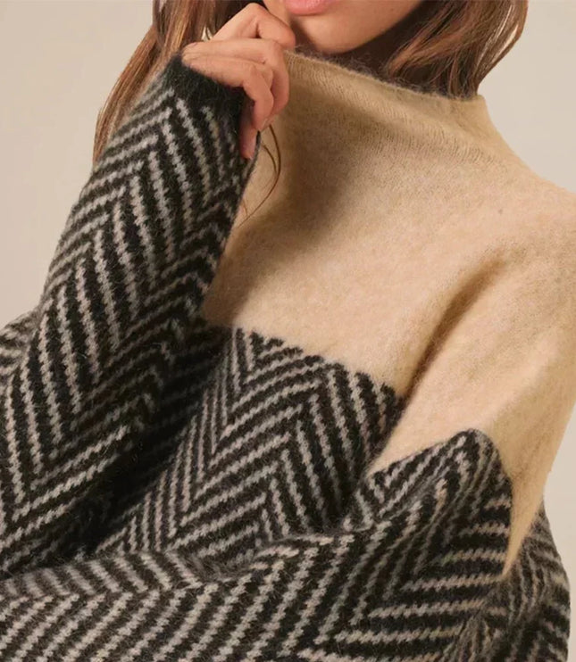 Women's Oversized Jumper with Herringbone Pattern and High Neck