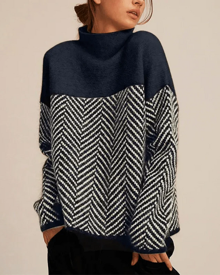 Women's Oversized Jumper with Herringbone Pattern and High Neck