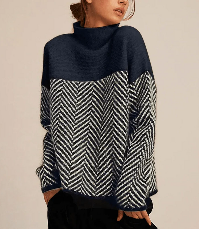 Women's Oversized Jumper with Herringbone Pattern and High Neck