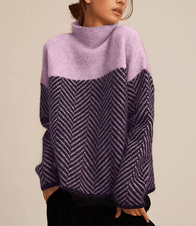 Women's Oversized Jumper with Herringbone Pattern and High Neck