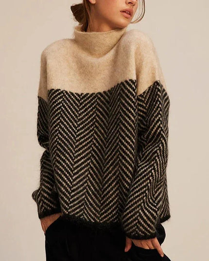 Women's Oversized Jumper with Herringbone Pattern and High Neck