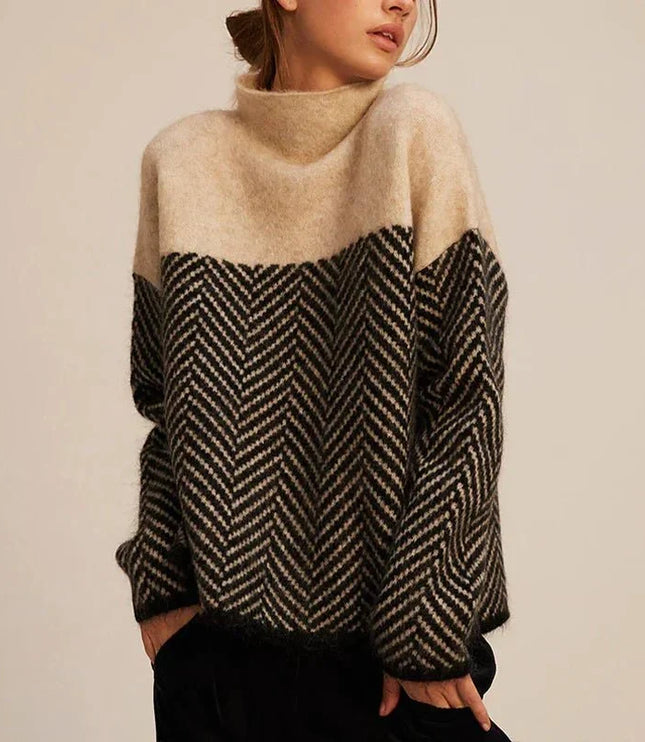 Women's Oversized Jumper with Herringbone Pattern and High Neck