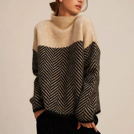 Women's Oversized Jumper with Herringbone Pattern and High Neck