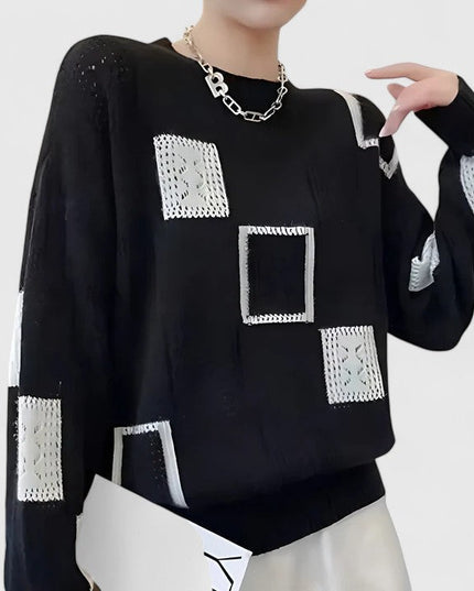 Women's Oversized Openwork Knit Jumper with Square Pattern