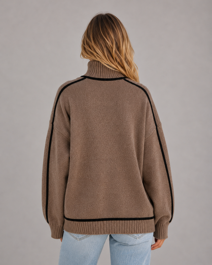 Women's Oversized Roll Neck Jumper with Contrast Piping