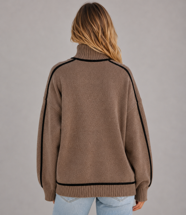 Women's Oversized Roll Neck Jumper with Contrast Piping