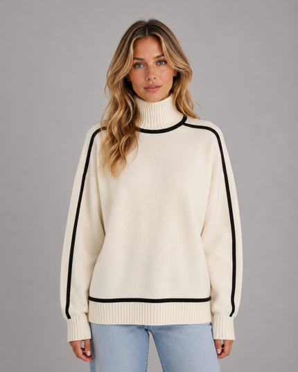 Women's Oversized Roll Neck Jumper with Contrast Piping