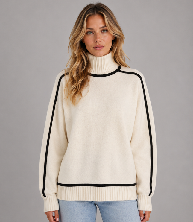 Women's Oversized Roll Neck Jumper with Contrast Piping