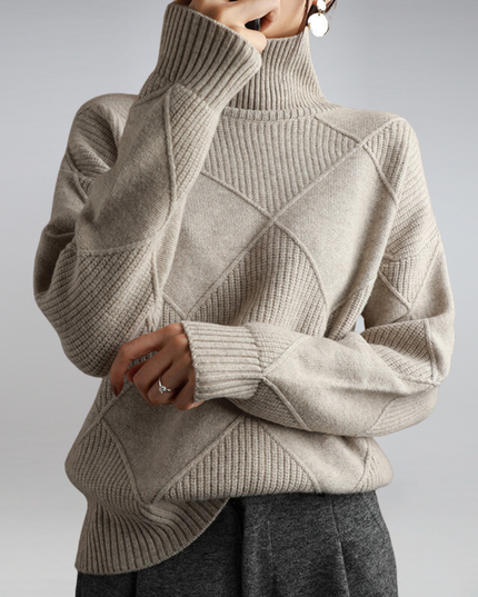 Women's Oversized Roll Neck Jumper with Diamond Pattern