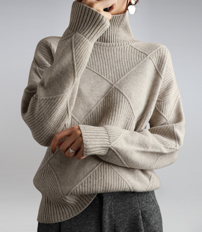 Women's Oversized Roll Neck Jumper with Diamond Pattern