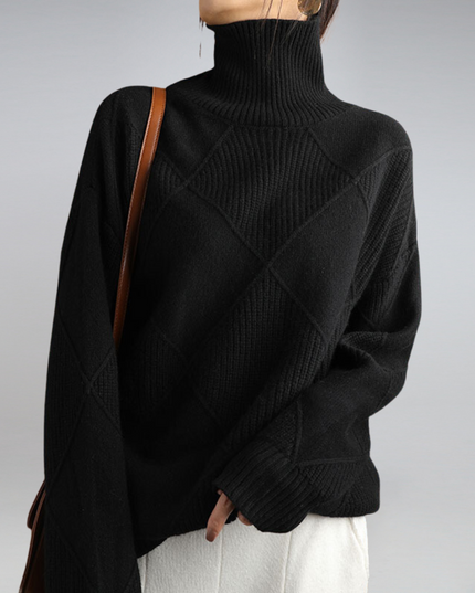 Women's Oversized Roll Neck Jumper with Diamond Pattern