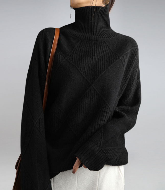 Women's Oversized Roll Neck Jumper with Diamond Pattern