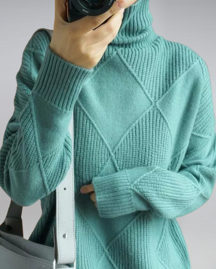 Women's Oversized Roll Neck Jumper with Diamond Pattern