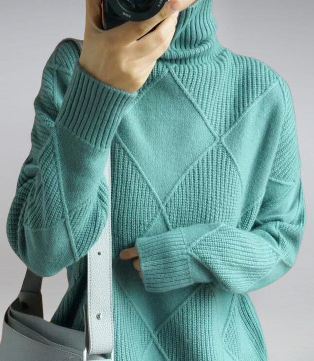 Women's Oversized Roll Neck Jumper with Diamond Pattern