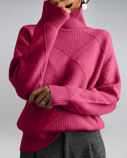 Women's Oversized Roll Neck Jumper with Diamond Pattern
