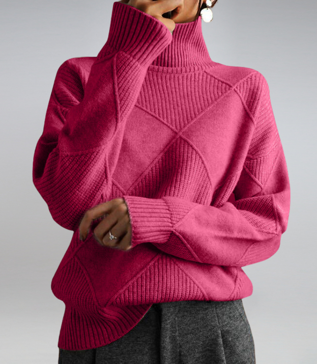 Women's Oversized Roll Neck Jumper with Diamond Pattern
