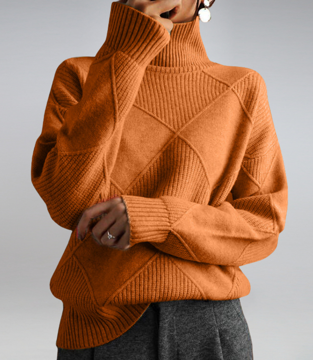 Women's Oversized Roll Neck Jumper with Diamond Pattern