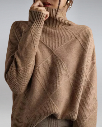 Women's Oversized Roll Neck Jumper with Diamond Pattern