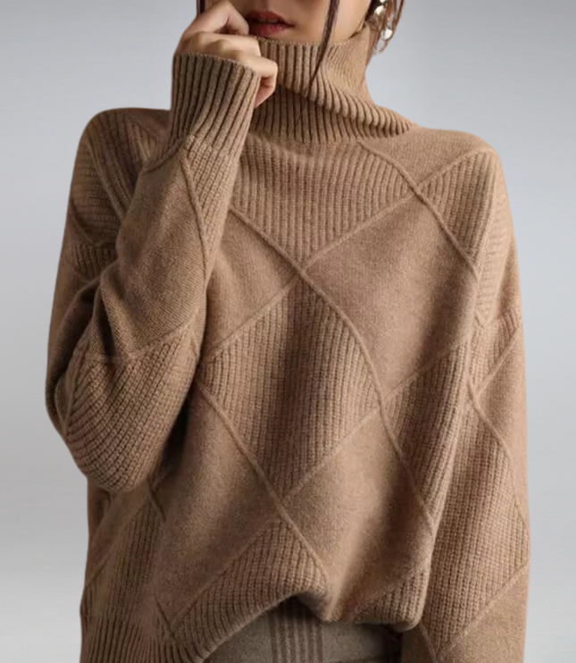Women's Oversized Roll Neck Jumper with Diamond Pattern