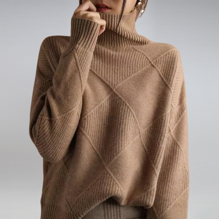 Women's Oversized Roll Neck Jumper with Diamond Pattern