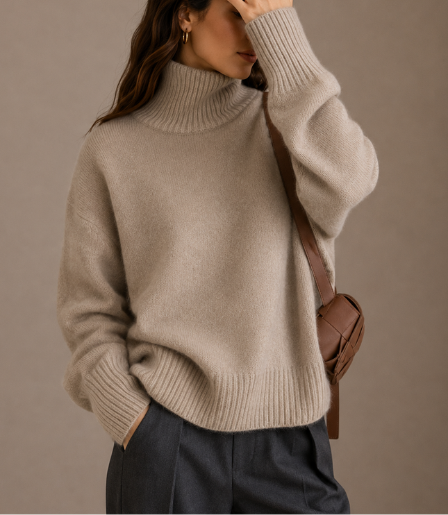 Women's Oversized Roll Neck Jumper with Wide Ribbed Cuffs