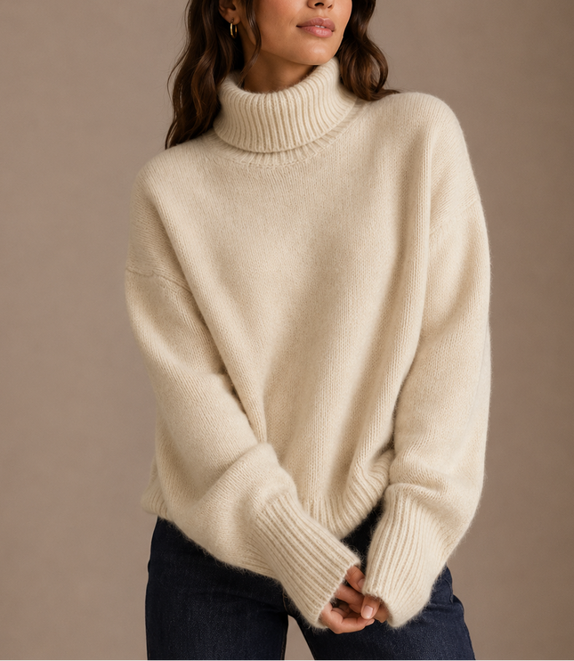 Women's Oversized Roll Neck Jumper with Wide Ribbed Cuffs