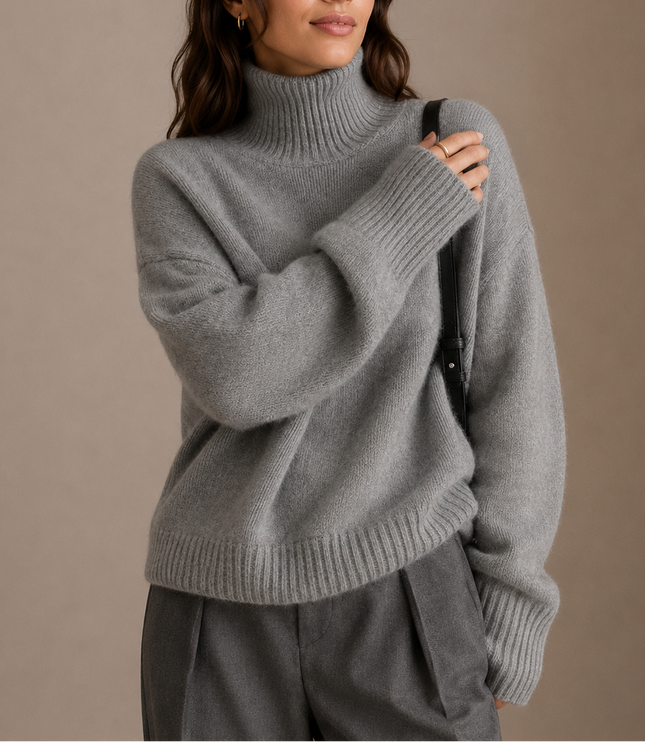 Women's Oversized Roll Neck Jumper with Wide Ribbed Cuffs