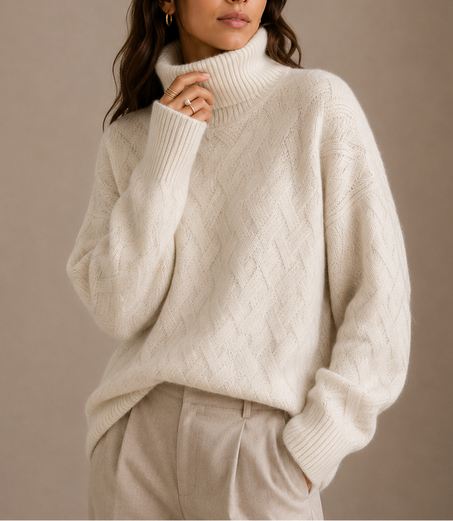 Women's Oversized Roll Neck Jumper with Woven Knit Pattern