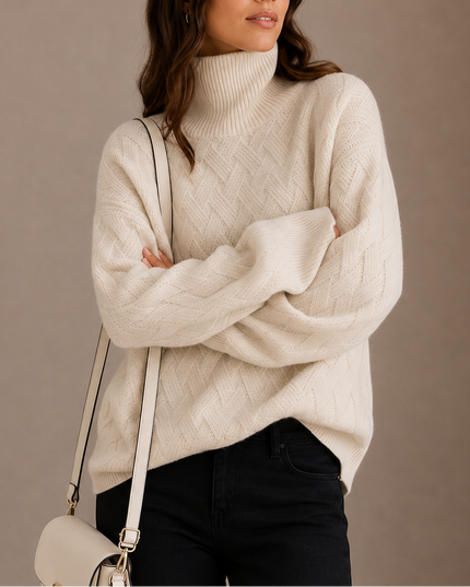 Women's Oversized Roll Neck Jumper with Woven Knit Pattern