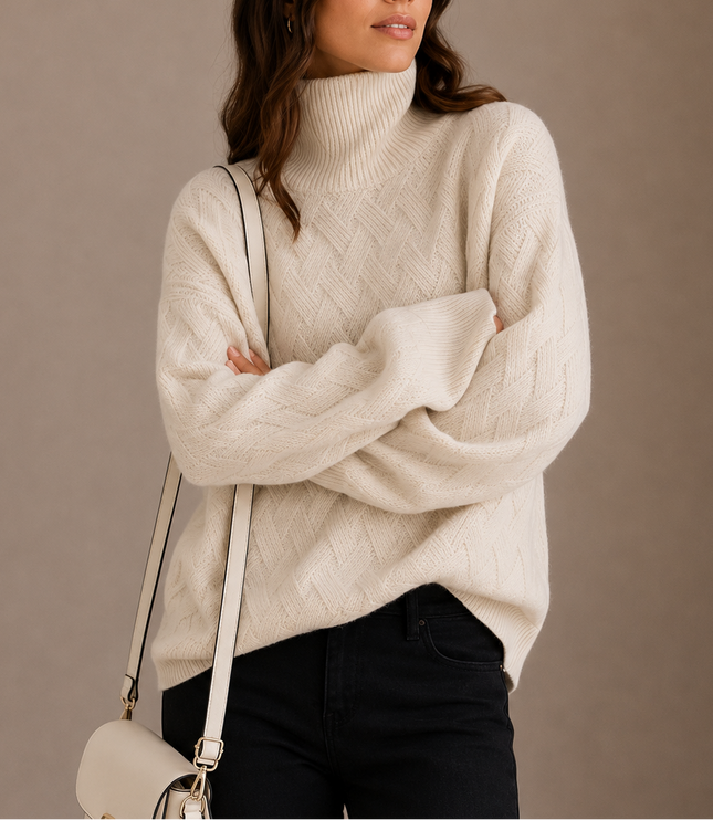 Women's Oversized Roll Neck Jumper with Woven Knit Pattern