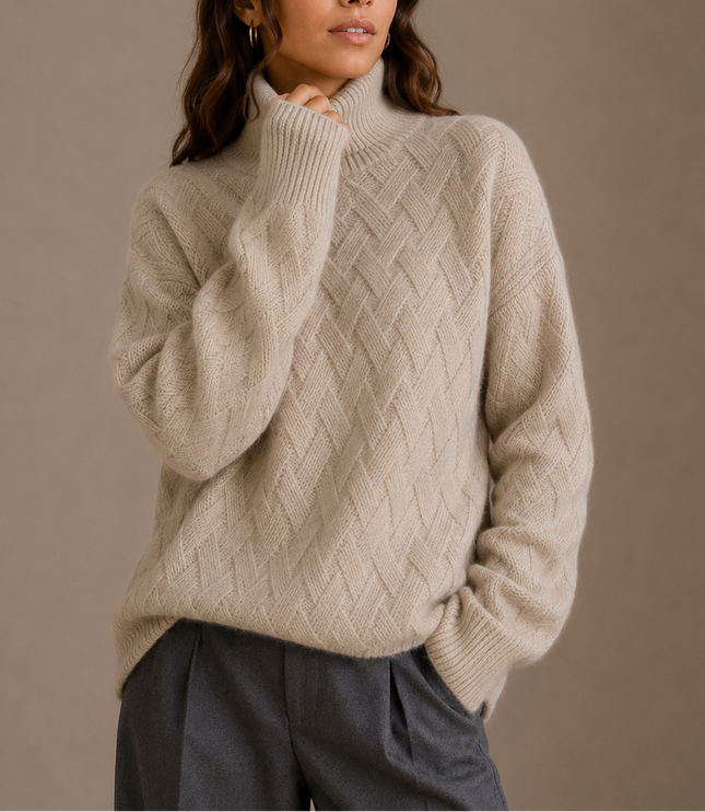 Women's Oversized Roll Neck Jumper with Woven Knit Pattern