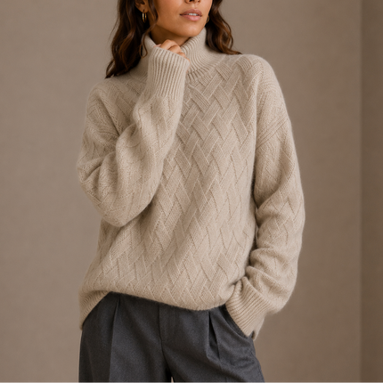 Women's Oversized Roll Neck Jumper with Woven Knit Pattern