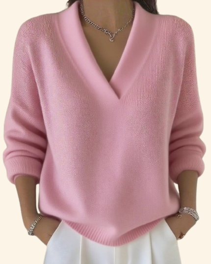 Women's Oversized V-Neck Jumper with Ribbed Cuffs and Hem