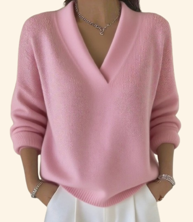 Women's Oversized V-Neck Jumper with Ribbed Cuffs and Hem