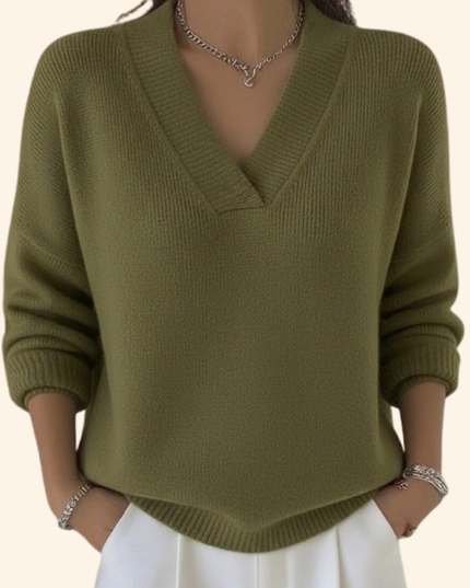 Women's Oversized V-Neck Jumper with Ribbed Cuffs and Hem