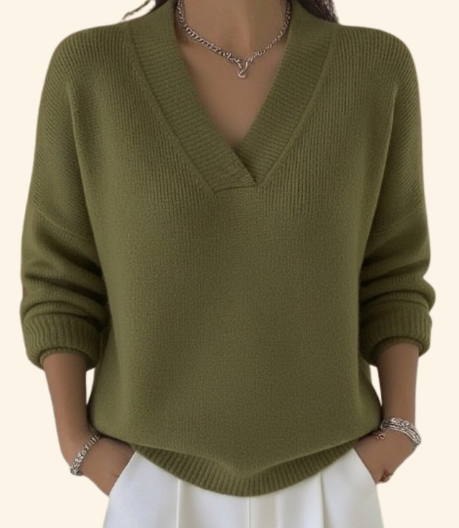 Women's Oversized V-Neck Jumper with Ribbed Cuffs and Hem